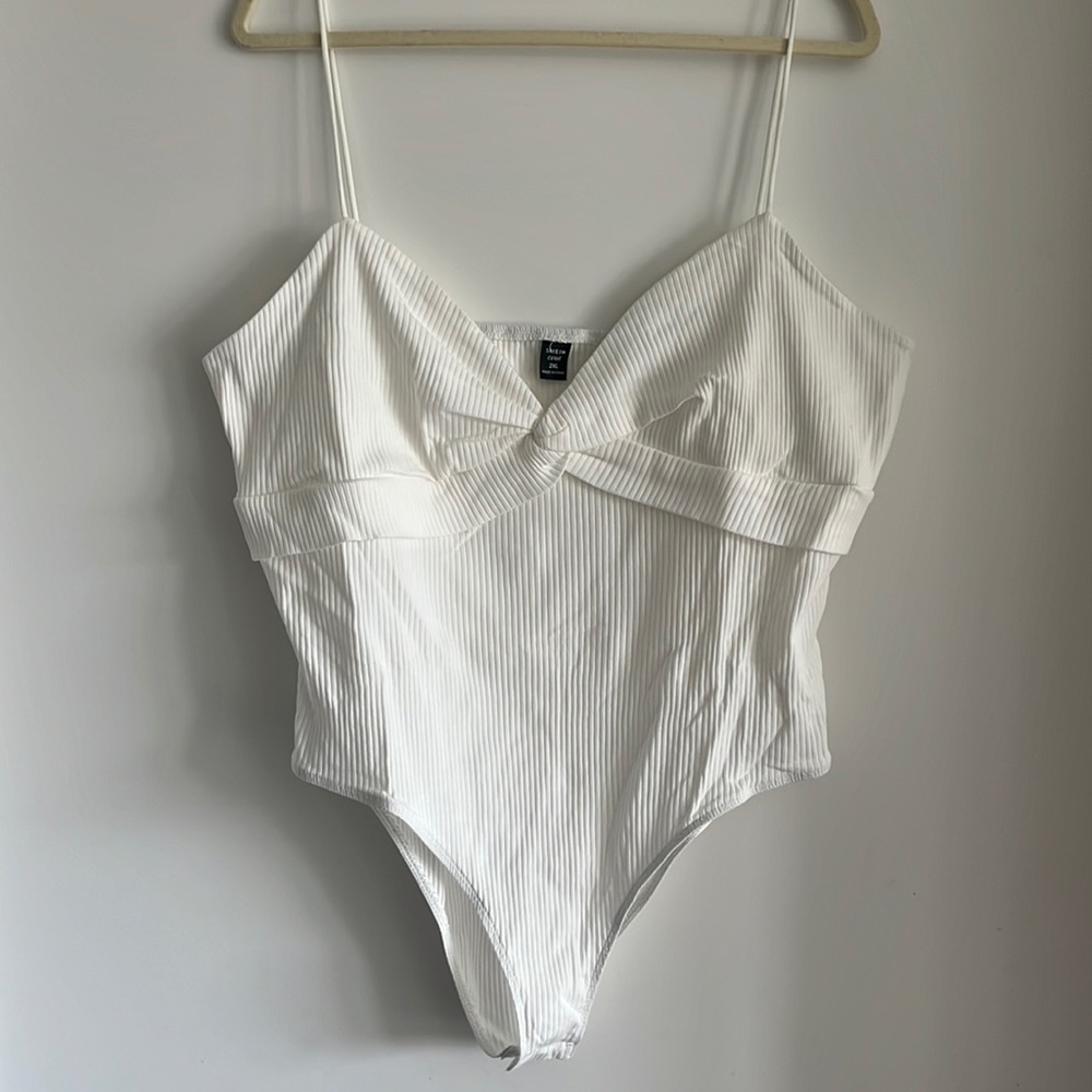 Shein white bodysuit with twist front and spaghetti straps
